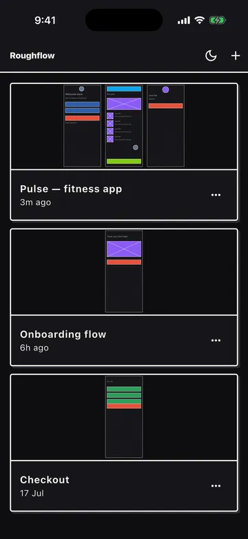 Roughflow's Roughs list shown in both light and dark theme