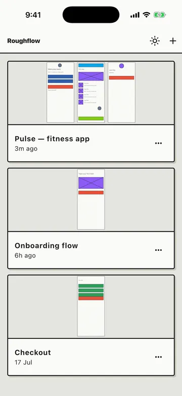 Roughflow's Roughs list shown in both light and dark theme