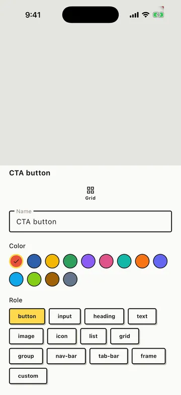 Roughflow's element detail sheet with the role tag picker open