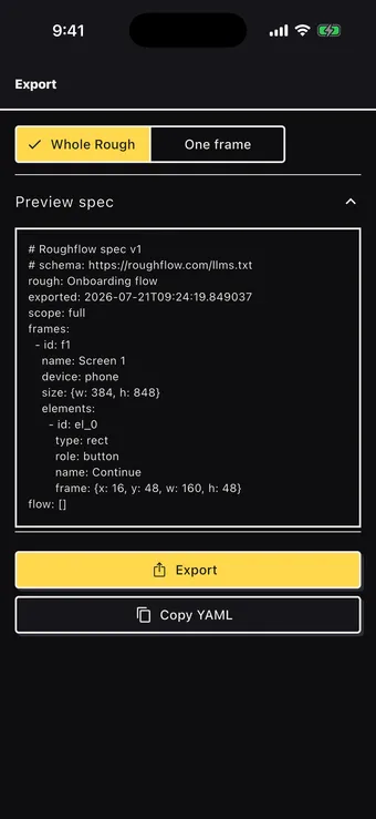 Roughflow export sheet: copy YAML or share