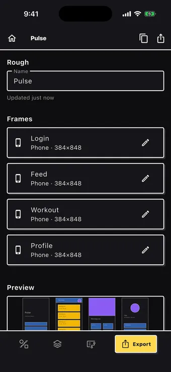 Roughflow export sheet: copy YAML or share