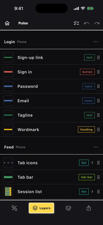 Roughflow layers view listing tagged elements with thumbnails
